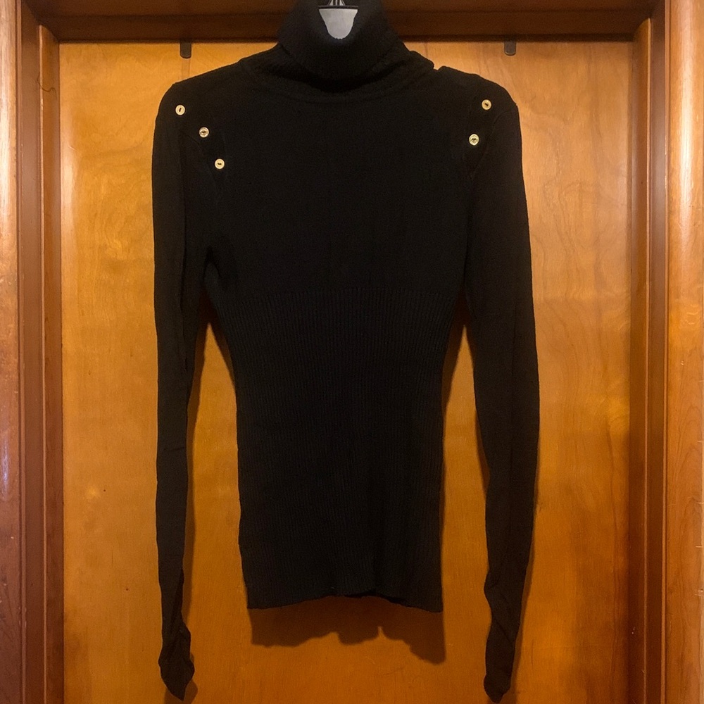 Guess Jeans Size L Black Gold Button Turtle Neck Top